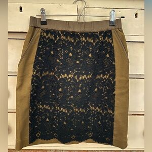 Anthropologie olive green skirt with black lace overlay, size 2